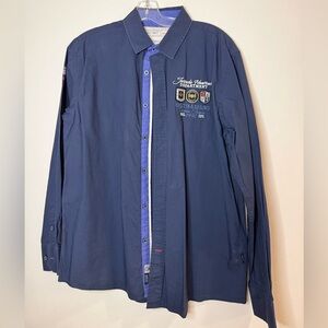 T397- Navy Blue Embroidered Casual Button Down Shirt